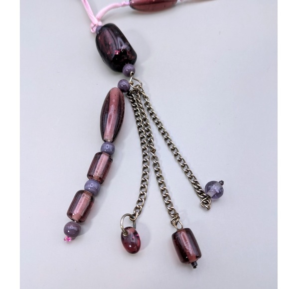 Pink Ribbon Negligee Necklace with Purple Dangling Beads - Picture 2 of 4